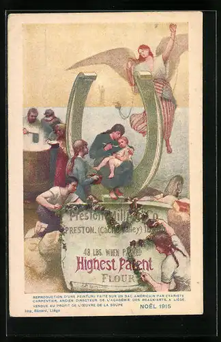 Künstler-AK Einwanderer auf Schiff vor der Freiheitsstatue - Reklame für Mehl der Firma Preston Mills & Co.