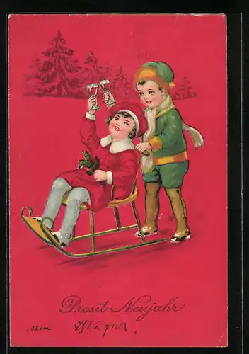 Künstler-AK Kinder mit Weingläsern auf einem Schlitten - Neujahrsgruss
