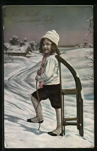AK Junge mit Rodelschlitten in Winterlandschaft - Neujahrsgruss