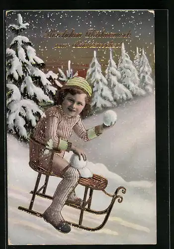 Künstler-AK Mädchen mit Schneebällen auf einem Schlitten - Neujahrsgruss