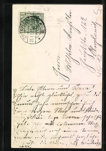 Künstler-AK Mädchen mit Schneebällen auf einem Schlitten - Neujahrsgruss