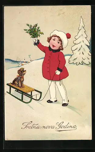 Künstler-AK Mädchen mit kleinem Hund auf Schlitten - Neujahrsgruss