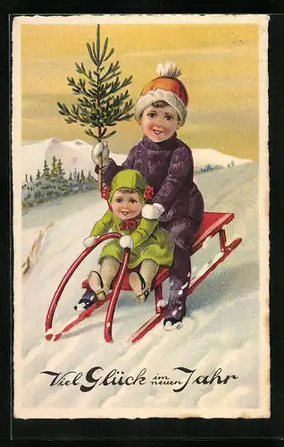 Künstler-AK Zwei Kinder mit Tannenbäumchen auf Schlitten - Neujahrsgruss