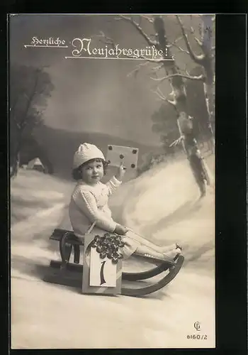 AK Mädchen mit Brief und geschmückten Kalenderblatt auf einem Schlitten - Neujahrsgruss