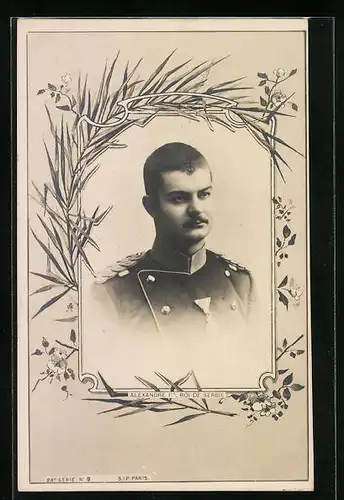Künstler-AK König Alexander I. von Serbien in Uniform, Blumen, Ornamente
