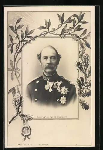 Künstler-AK Christian IX., König von Dänemark - Portrait mit Siegel und Zweigen