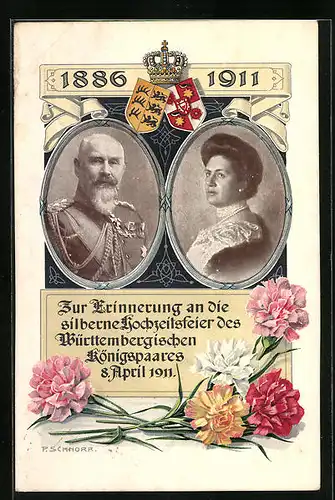 Künstler-AK Königspaar von Württemberg - Erinnerungskarte an Silberhochzeit 1911