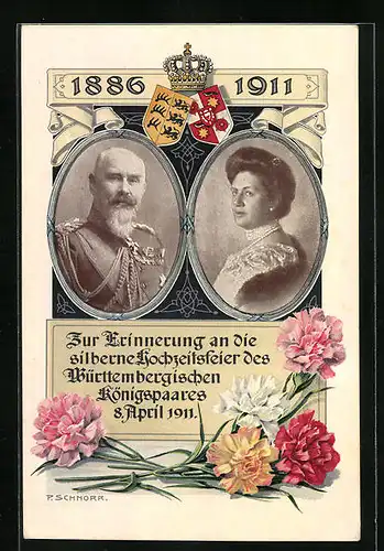 Künstler-AK Königspaar von Württemberg - Silberhochzeit 1911 - Portraits, Krone, Wappen, Nelken