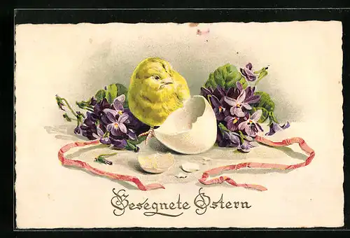 Künstler-AK Gesegnete Ostern, Osterküken mit Ei und Veilchen