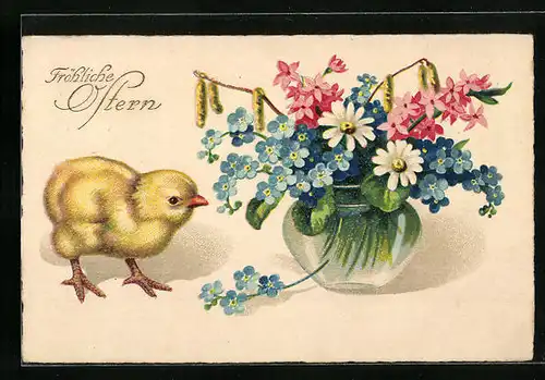 Künstler-AK Fröhliche Ostern, Osterküken neben Blumenvase