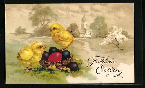 Künstler-AK Fröhliche Ostern, Osterküken mit Eiern