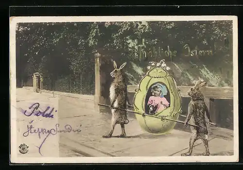 AK Fröhliche Ostern, Osterhasen transportieren Kind im Ei