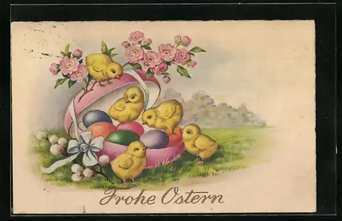 Künstler-AK Frohe Ostern, Osterküken im Ei