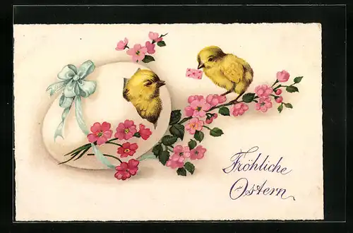 Künstler-AK Frohe Ostern, Osterküken im Osterei mit Kirschblüten