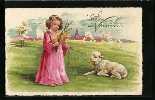 Künstler-AK Osterengelchen mit Lamm auf der Wiese