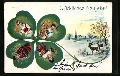 Künstler-AK Glückliches Neujahr mit Kleeblatt und Winterlandschaft