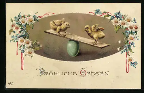 Präge-AK Osterküken auf der Wippe