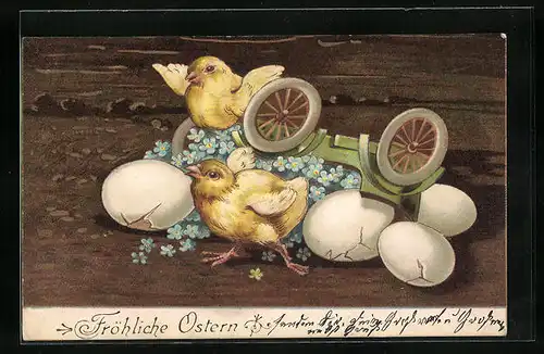 Präge-AK Fröhliche Ostern, Geschlüpfte Osterküken mit Vergissmeinnicht