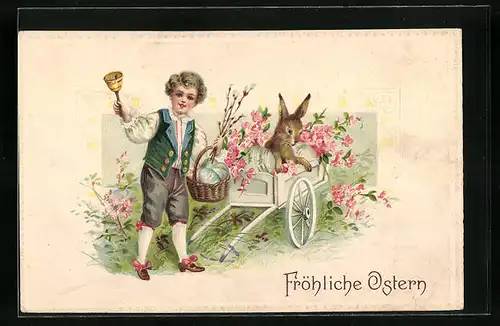Präge-AK Fröhliche Ostern, Junge läutet Glocke zu Ostern neben Osterhasen