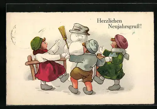 Künstler-AK Herzlichen Neujahrsgruss, Kinder mit Schnemann