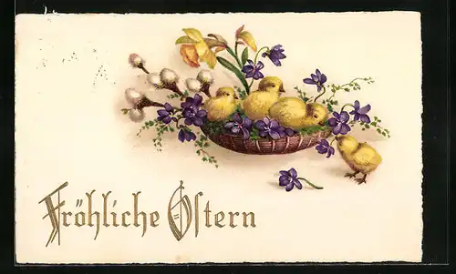 Künstler-AK Fröhliche Ostern, Osterküken im Körbchen