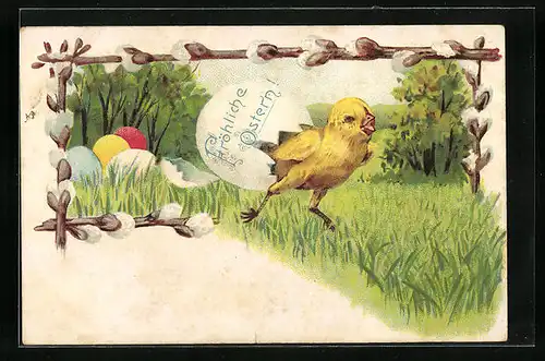 Künstler-AK Fröhliche Ostern, Osterküken mit Palmkätzchen