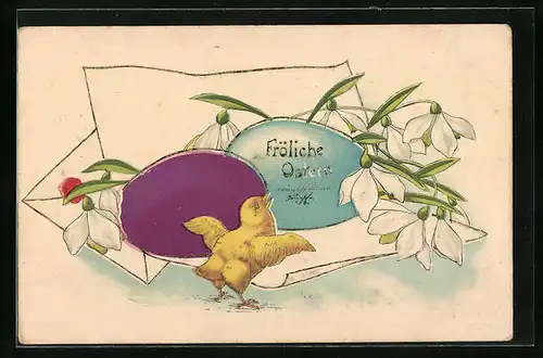 Präge-AK Osterküken mit Maiglöckchen und Ostereiern