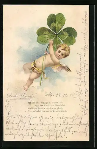 Lithographie Engelchen mit Kleeblatt