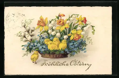 Künstler-AK Osterküken im Blumenkorb