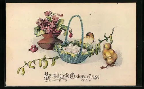 Künstler-AK Osterküken neben Osterkorb und Weidenzweig