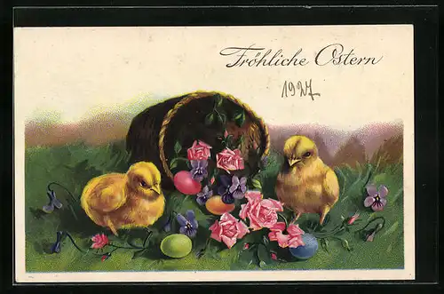 Künstler-AK Fröhliche Ostern, Osterküken mit Blumen