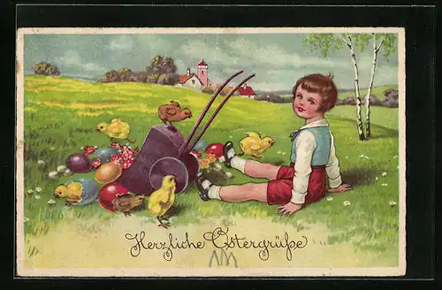 Künstler-AK Herzliche Ostergrüsse, Kind mit Schubkarren und Osterküken