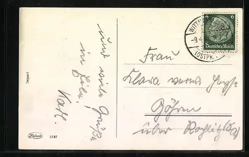 AK Fröhliche Ostern, Osterhase neben Körbchen mit Eiern