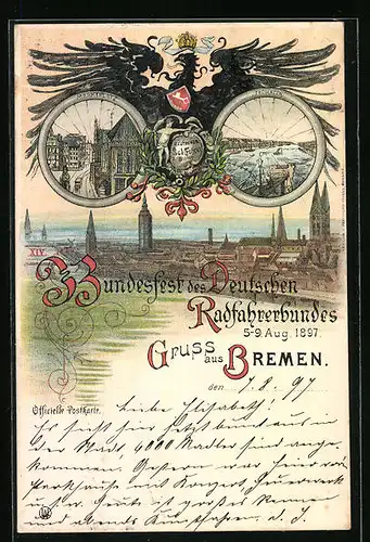 Lithographie Bremen, Bundesfest des Deutschen Radfahrerbundes 1897