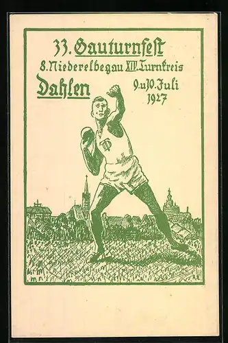 Künstler-AK Dahlen, 33. Bauturnfest, 8. Niederelbegau XIV. Turnkreis, Juli 1927