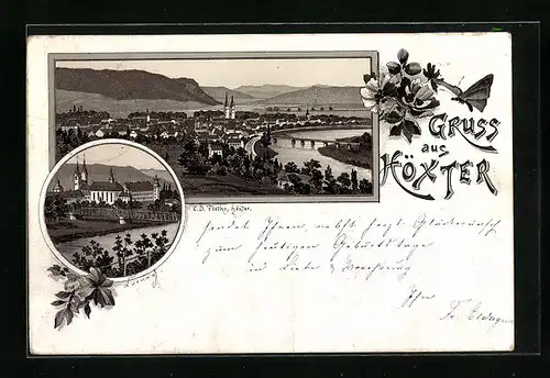 Vorläufer-Lithographie Höxter, 1894, Panoramablick auf die Kleinstadt