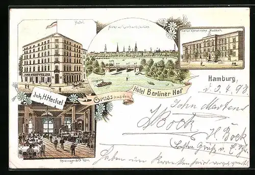 Lithographie Hamburg-St.Georg, Hotel Berliner Hof, Innenansicht, Naturhistorisches Museum