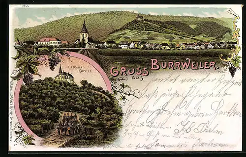 Lithographie Burrweiler, Teilansicht, St. Anna-Kapelle