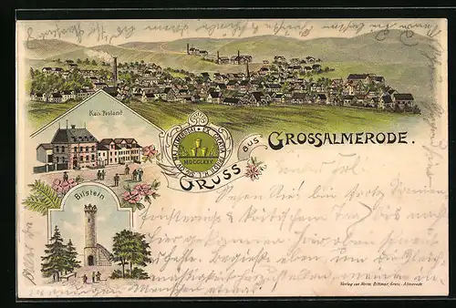 Lithographie Grossalmerode, Teilansicht, Kaiserliches Postamt, Bilstein