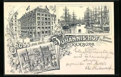 Lithographie Hamburg-Harburg, Börsen-Restaurant Johannis-Hof, Inneres, Hafen