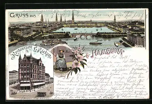 Lithographie Hamburg-St.Georg, Restaurant L. Rieken, Alsterbassin, Vierländerin