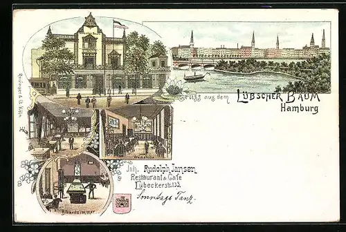 Lithographie Hamburg, Restaurant & Cafe Lübscher Baum, Lübeckerstr. 133, Innenansichten Weinstube und Billardzimmer
