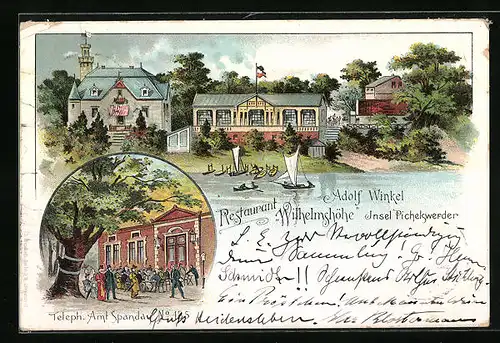 Lithographie Pichelswerder / Spandau, Restaurant Wilhelmshöhe, Garten