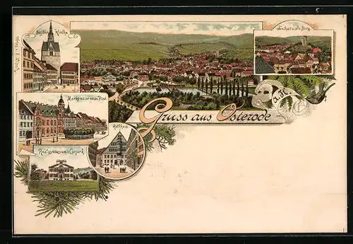 Lithographie Osterode, Aegidien-Kirche, Markt mit der neuen Post, Rathaus