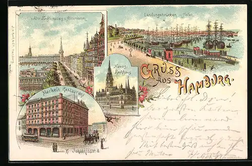 Lithographie Hamburg, Merkel`s Restaurant Kl. Johannisstrasse 8, Hafen, Landungsbrücken