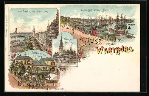 Lithographie Hamburg, Restaurant zur Wartburg Schulterblatt 147, Hafen u. Landungsbrücken, Neues Rathaus