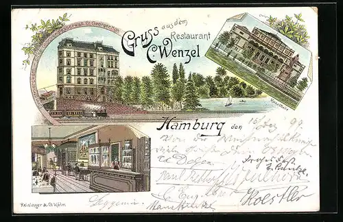 Lithographie Hamburg-St. Georg, Restaurant Wenzel Ernst-Merck-Strasse Ecke Glockengiesserwall