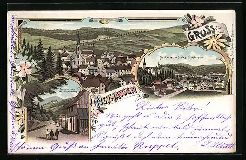 Lithographie Neuhausen, Teilansicht mit Schloss Purschenstein, Durchblick nach dem Schwarthenberg