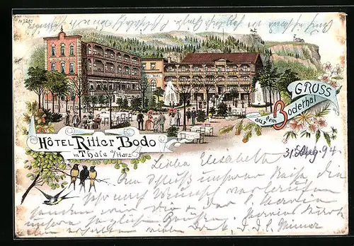 Vorläufer-Lithographie Thale a. Harz, 1894, Hotel Ritter Bodo im Bodethal