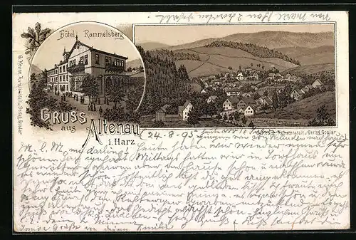 Vorläufer-Lithographie Altenau i. Harz, 1895, Hotel Rammelsberg, Teilansicht